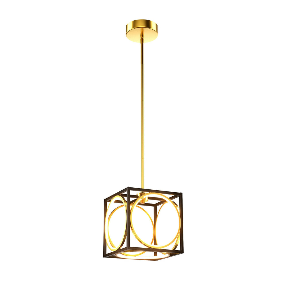 Cube LED pendant light in gold with adjustable suspender, ideal for kitchen or living room, features warm white 3000K.