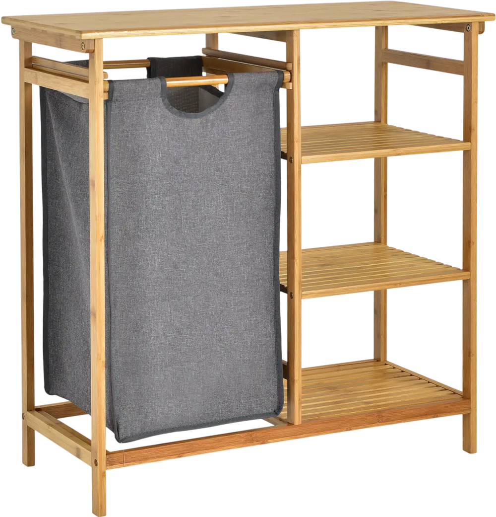 Bamboo Laundry Hamper Stand with Removable Sliding Bag and 3-Tier Open Shelves