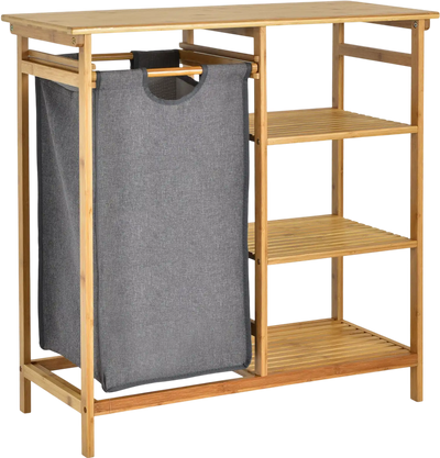 Costway Bamboo Laundry Hamper Stand w/ Removable Sliding Bag & 3-Tier Shelves 57186942 New