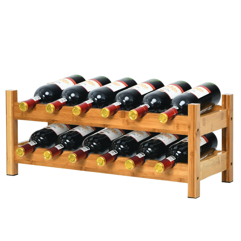 2-tier bamboo wine rack holding 12 bottles, featuring a natural texture for stylish storage in kitchens or dining rooms.