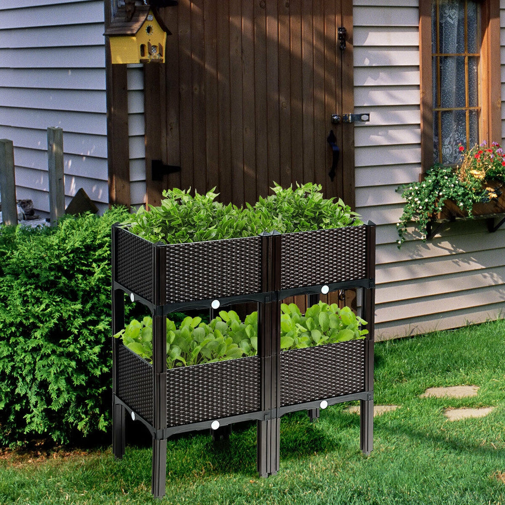 Elevated brown planter box set with four sections, made of weather-resistant HDPE, ideal for growing herbs and.