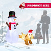 Dimensions of the 6-foot inflatable snowman and dog set, showcasing size relative to a person for festive outdoor.