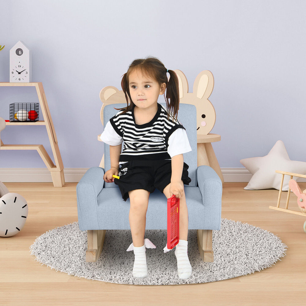 Kids rocking chair in blue with solid wood legs, designed for ages 3-5, perfect for reading and relaxing.