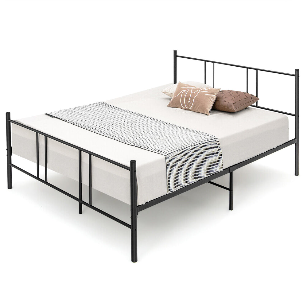 Full/Queen size platform bed frame in black steel with high headboard, designed for sturdy support and noise reduction.