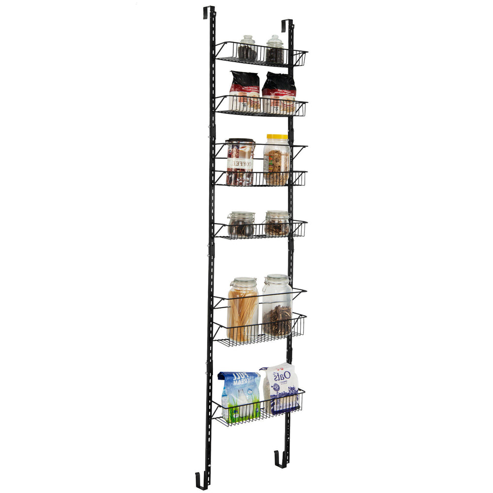 Over the door pantry organizer rack with 6 adjustable baskets for kitchen condiments and snacks, featuring a strong.