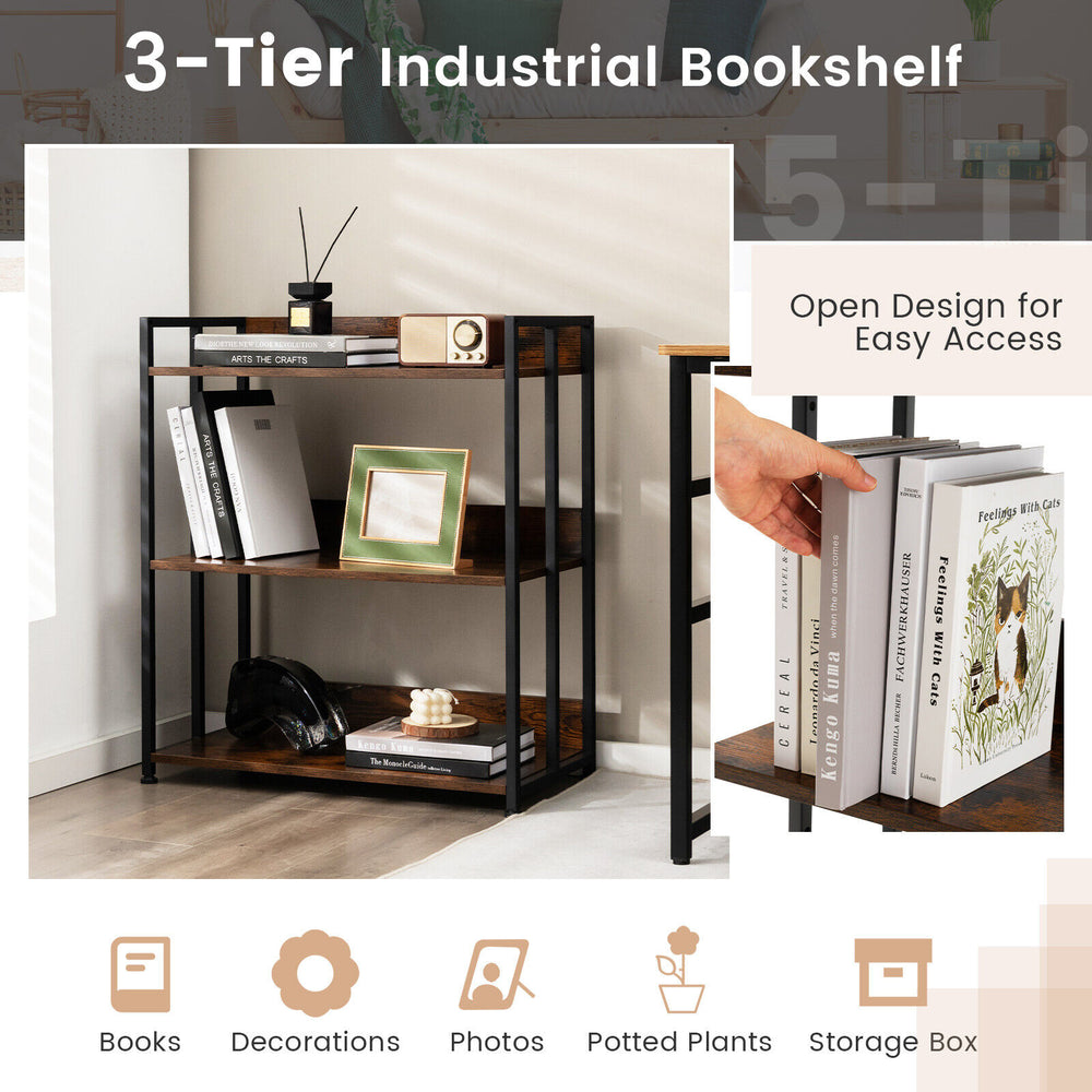 3-tier industrial bookshelf with adjustable shelves, sturdy metal frame, perfect for living room or study display.