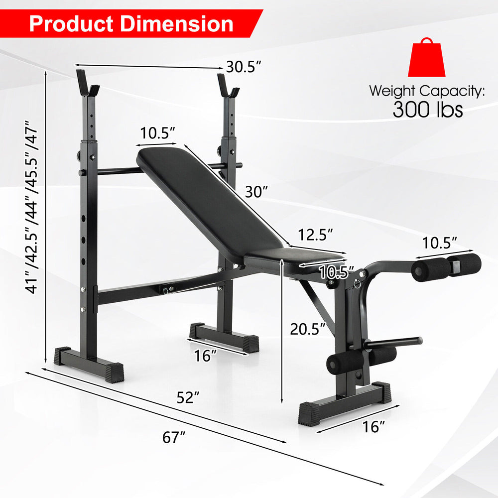 Adjustable weight bench and barbell rack set with dimensions, featuring heavy-duty metal structure for stability and.