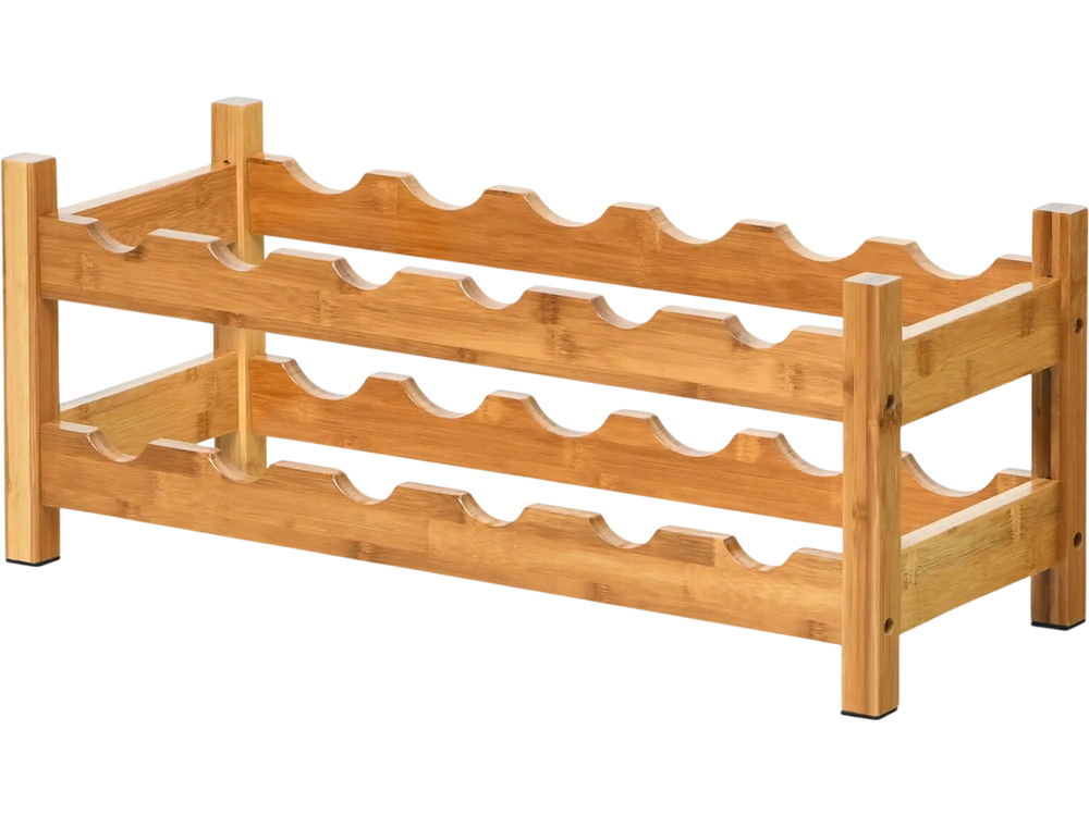 2-tier bamboo wine rack holding 12 bottles, featuring a natural texture, ideal for kitchens or wine cellars.