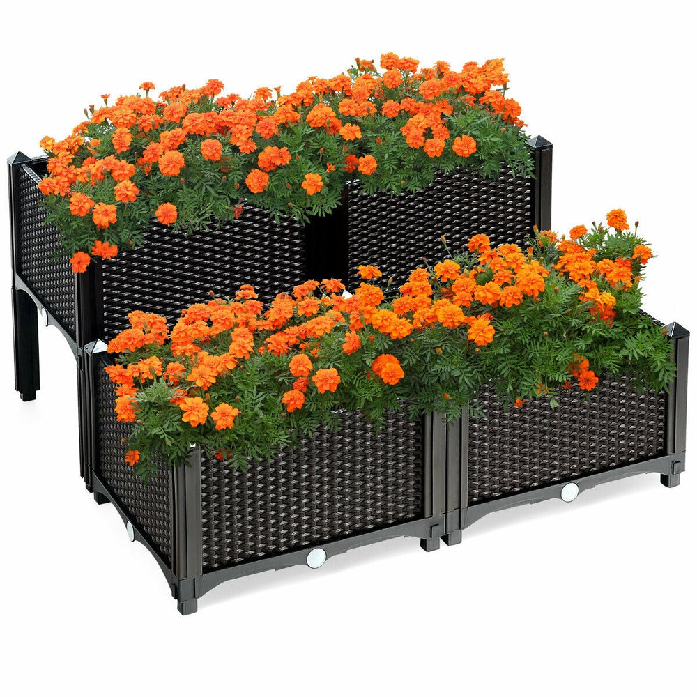 Elevated planter box set of 4 in brown with vibrant orange flowers, perfect for patio and garden decoration.