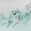 Kids square steel table in blue with two matching chairs, perfect for learning activities at home or school.