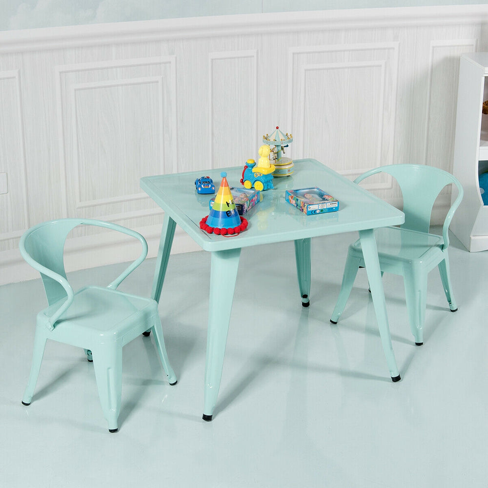 Kids square steel table in blue with two matching chairs, perfect for learning activities at home or school.