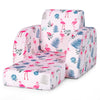 Convertible 3-in-1 kid sofa bed in pink with flamingo patterns, made of soft velvet for comfort and easy transport.