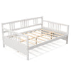 White wooden full-size daybed frame with guardrails, featuring a stable structure and ample under-bed storage.
