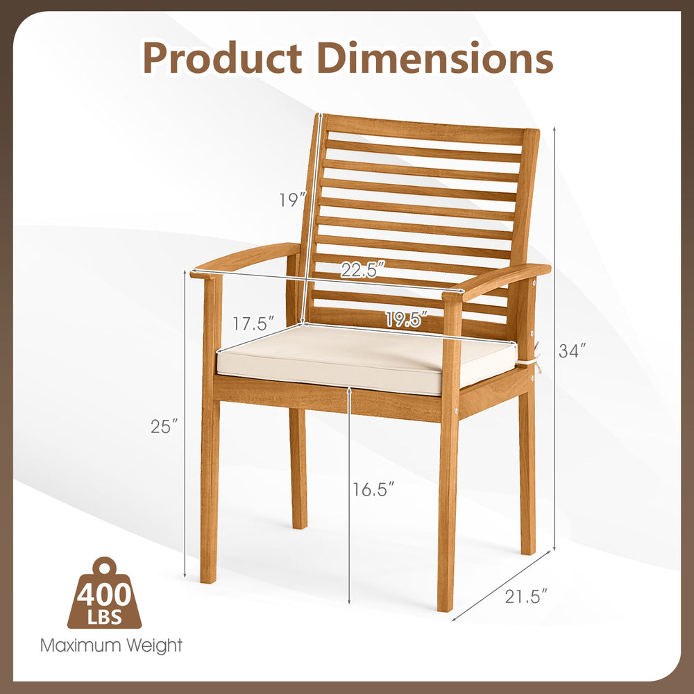 Dimensions chart for outdoor patio dining chair with acacia wood frame, slatted backrest, and removable cushion details.