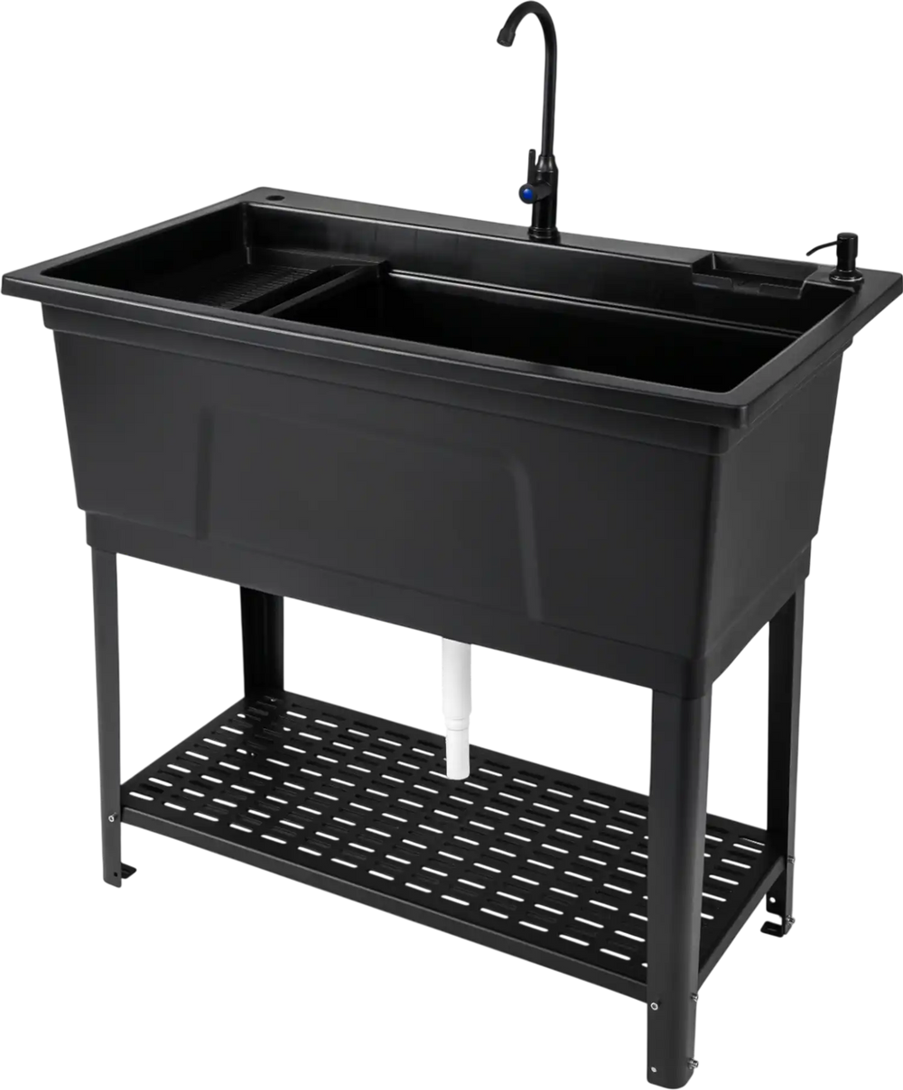 Freestanding 100L utility sink in black with rotating faucet and storage shelf, ideal for laundry and gardening tasks.