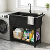 Black 100L utility sink with rotating faucet and storage shelf, ideal for laundry and cleanup, featuring a freestanding.