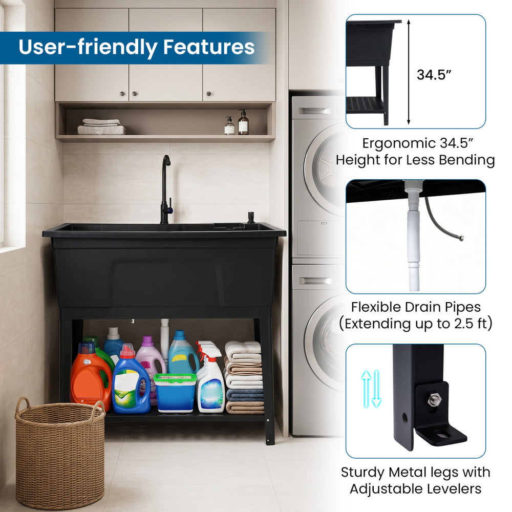 100L utility sink in black with rotating faucet, storage shelf, and adjustable metal legs for laundry and cleanup.