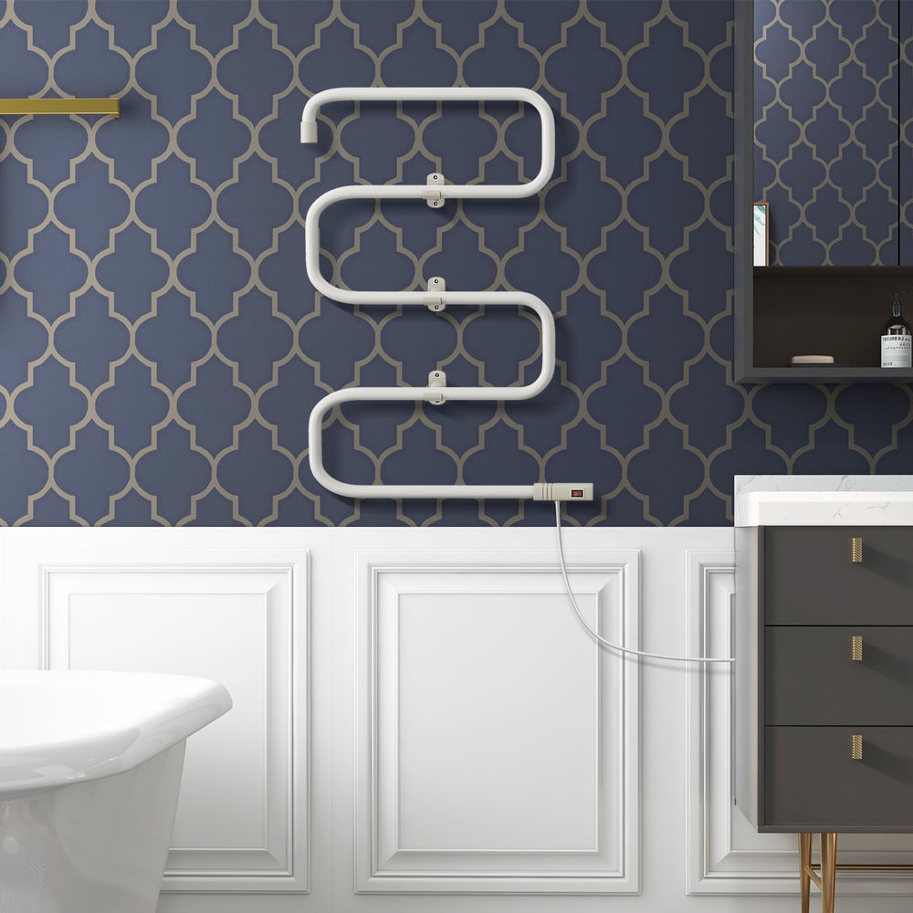 Electric towel warmer drying rack with S-shaped design, 5 rods, and white finish, perfect for small bathrooms.