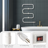 Electric towel warmer drying rack with 5 rods, S-shaped design, and waterproof switch for safe use in small spaces.
