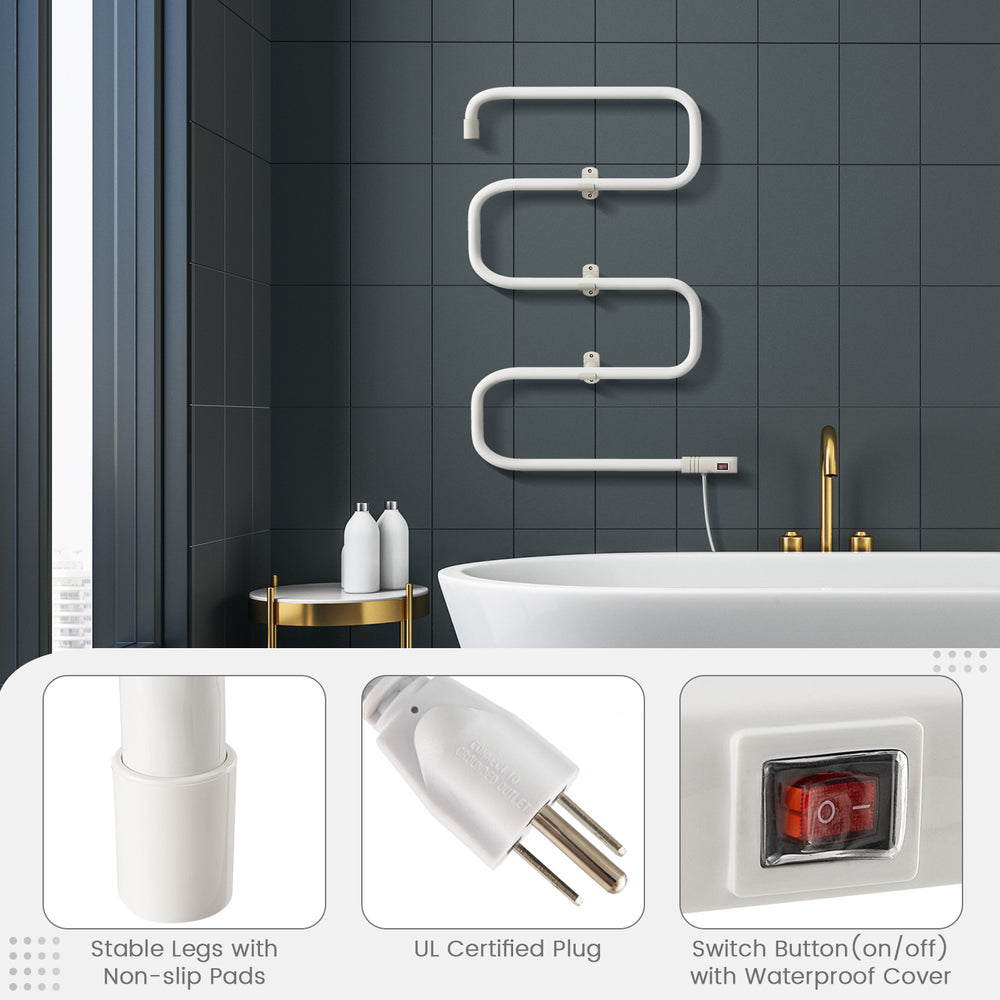 Electric towel warmer drying rack with 5 rods, S-shaped design, and waterproof switch for safe use in small spaces.