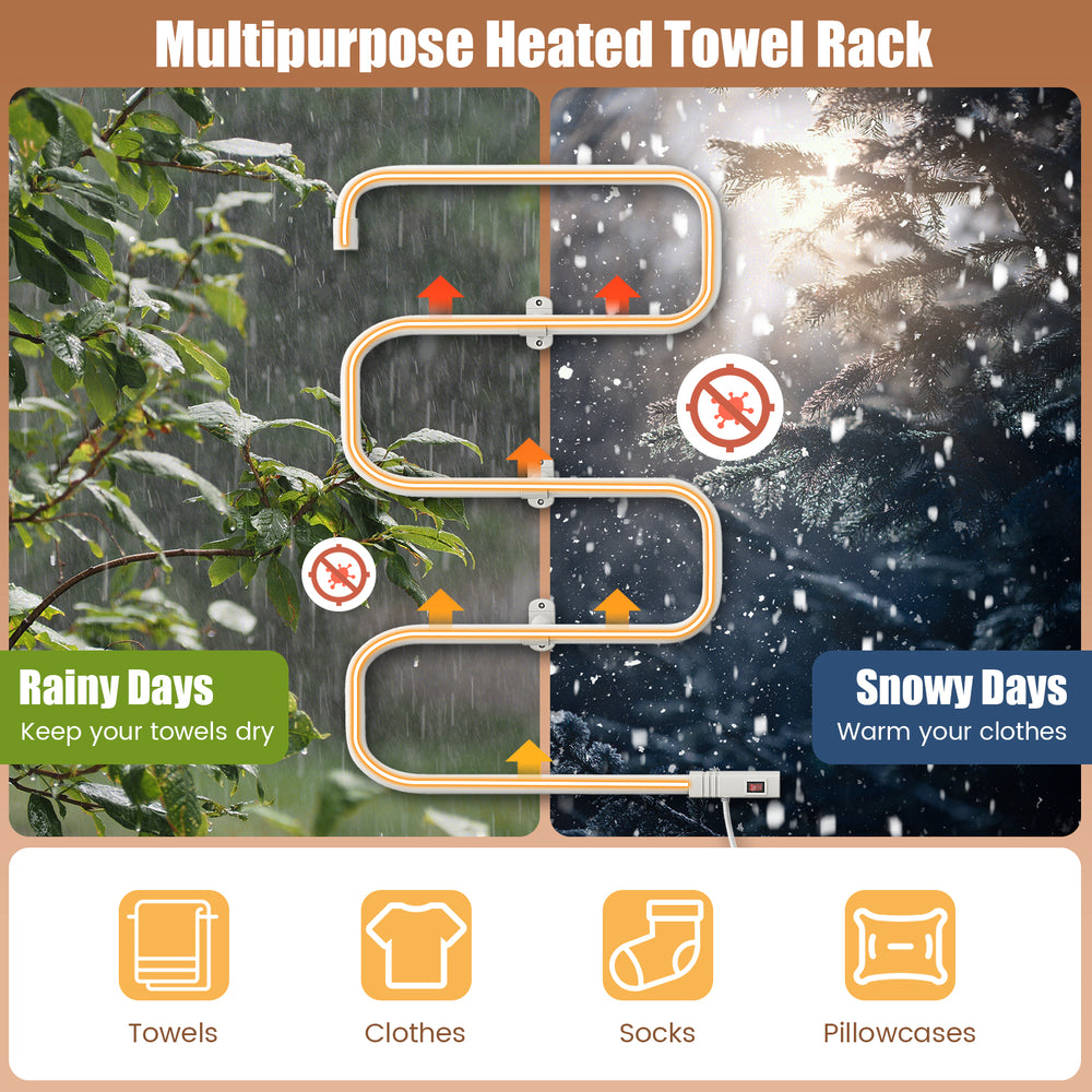 Electric towel warmer drying rack with 5 rods, rapid heating, and stylish S-shaped design for efficient drying.
