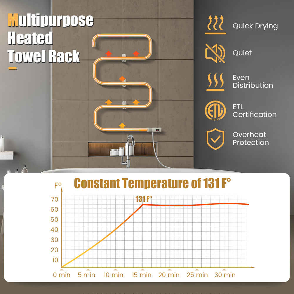S-shaped electric towel warmer rack in white, featuring 5 rods for quick drying and safety certifications, ideal for.