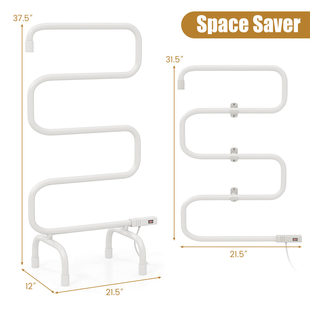 Electric towel warmer drying rack with 5 rods, S-shaped design, and detachable legs for space-saving in small areas.