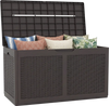 Brown 100-gallon resin deck box with rattan texture, filled with cushions, ideal for outdoor storage and seating.