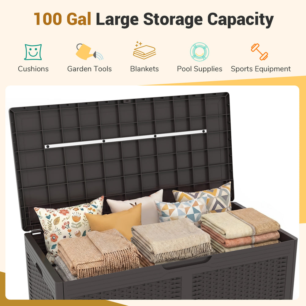 100-gal brown resin deck box with rattan texture, storing cushions and blankets, perfect for outdoor use and seating.