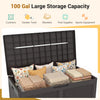 100-gal brown resin deck box with rattan texture, storing cushions and blankets, perfect for outdoor use and seating.