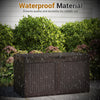 Brown 100-gallon resin deck box with rattan texture, waterproof design for outdoor storage and seating.