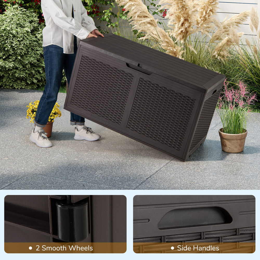 Resin deck box with rattan texture, 100-gallon capacity, and side handles for easy outdoor storage and seating.