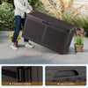 Resin deck box with rattan texture, 100-gallon capacity, and side handles for easy outdoor storage and seating.