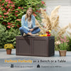 Brown 100-gallon resin deck box with rattan texture, serving as a bench or table, supports up to 440 lbs for outdoor.