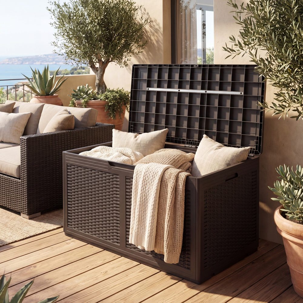 Brown 100-gallon resin deck box with rattan texture, waterproof design, doubles as a bench for outdoor storage.