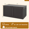 Brown 100-gallon resin deck box with rattan texture, waterproof design, and dual function as a storage bench.