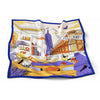 Colorful 100% mulberry silk square scarf featuring a vibrant cityscape design, perfect for gifting or personal style.
