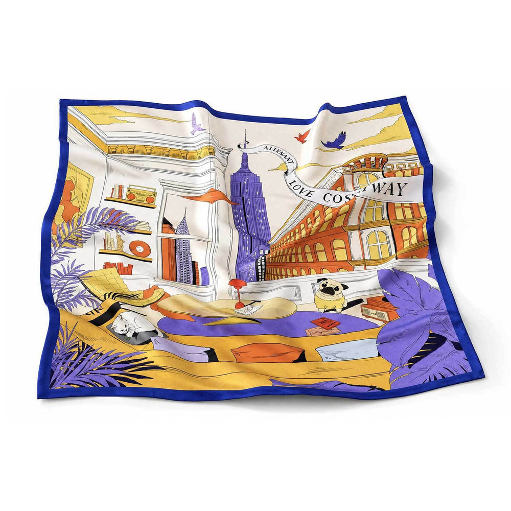 Colorful 100% mulberry silk square scarf featuring a vibrant cityscape design, perfect for gifting or personal style.