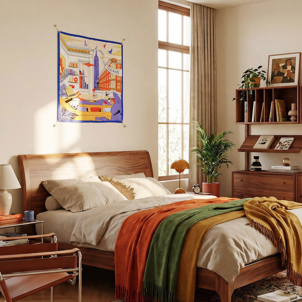 The "Earthly Homeland" 100% mulberry silk scarf features vibrant colors and hand-rolled hems, perfect for home decor.