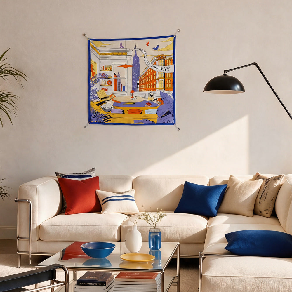 The vibrant "Earthly Homeland" 100% mulberry silk square scarf adds artistic flair to any living space with its colorful design.