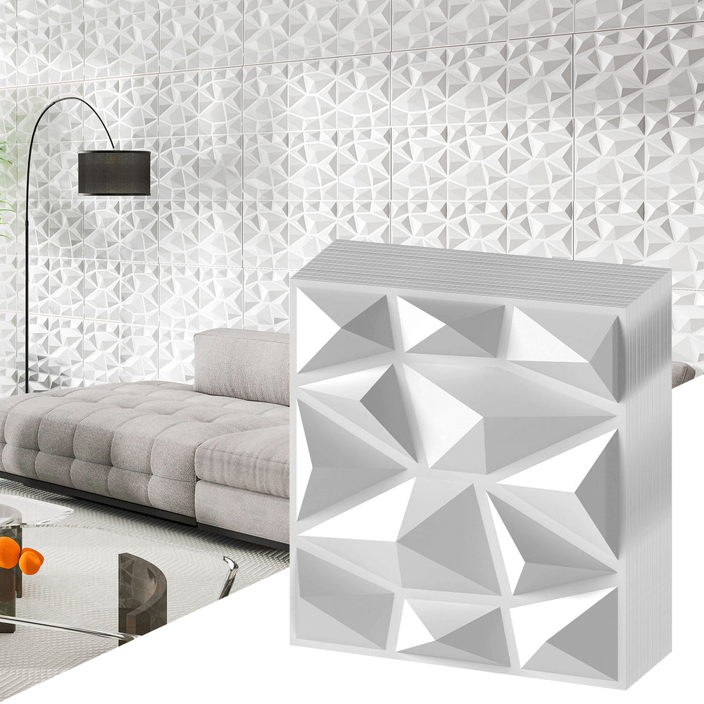 3D white PVC wall panel with diamond accent, ideal for DIY interior decoration in living rooms or offices.