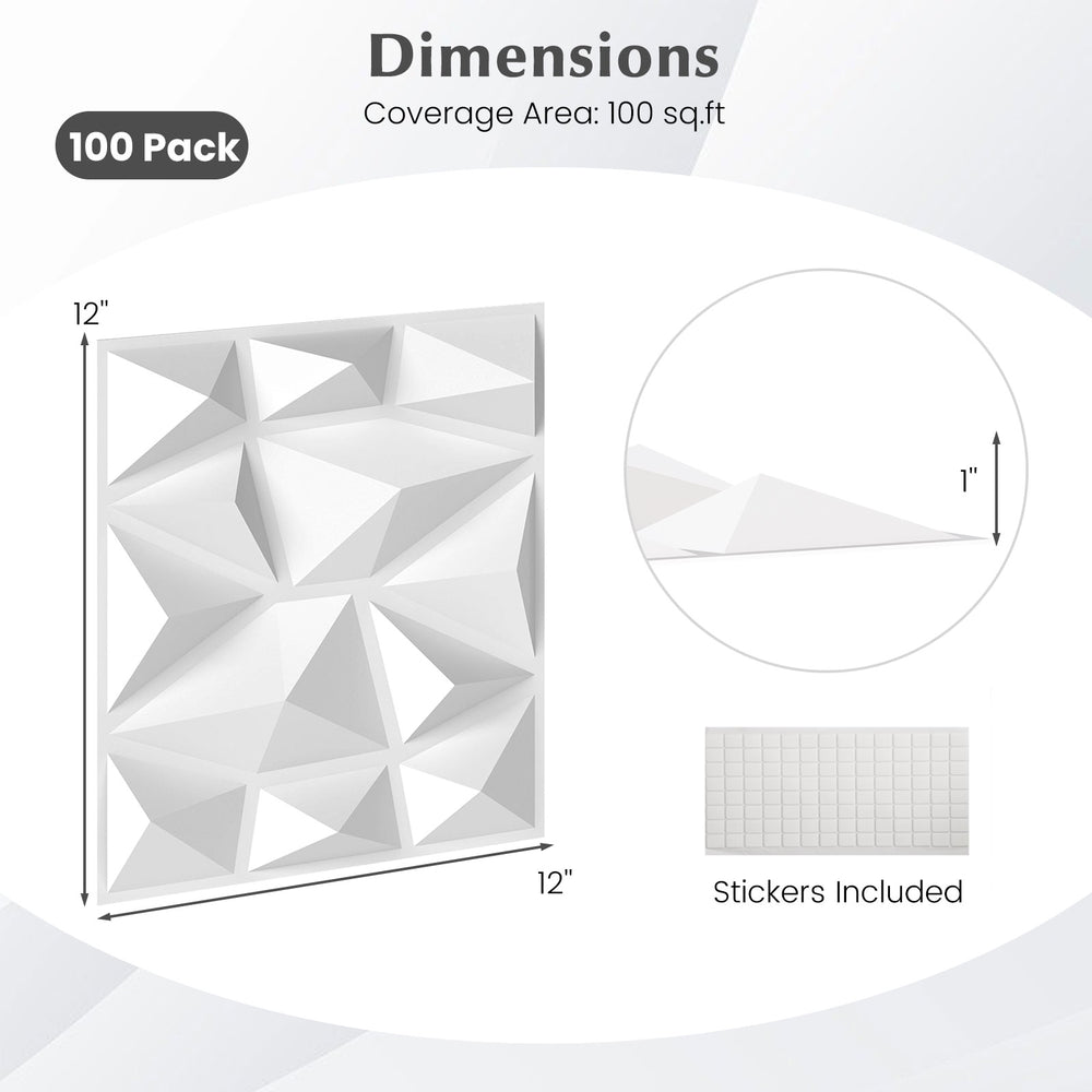 3D wall panels in white, 12" x 12", made of lightweight PVC, perfect for DIY interior decoration covering 100 sq.ft.