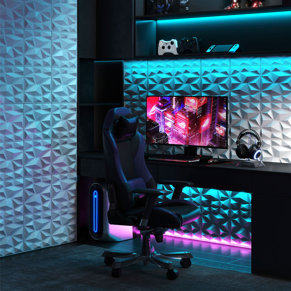 3D wall panels in diamond accent design, made of lightweight PVC, ideal for DIY interior decoration in various spaces.