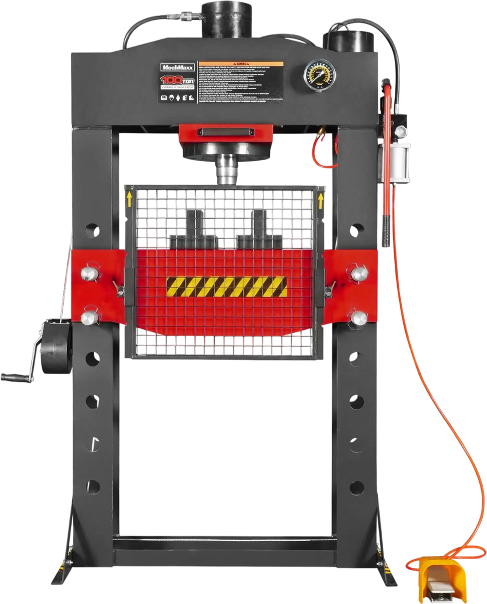 100 Ton H-Frame Air/Hydraulic Shop Press with Hand Winch,  Fully Welded Steel Frame,  Safety Guard,  Foot Pedal Control,  HSP100