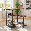 Rustic brown 3-piece bar table set with 2 stools and 3 storage shelves, perfect for small dining areas.