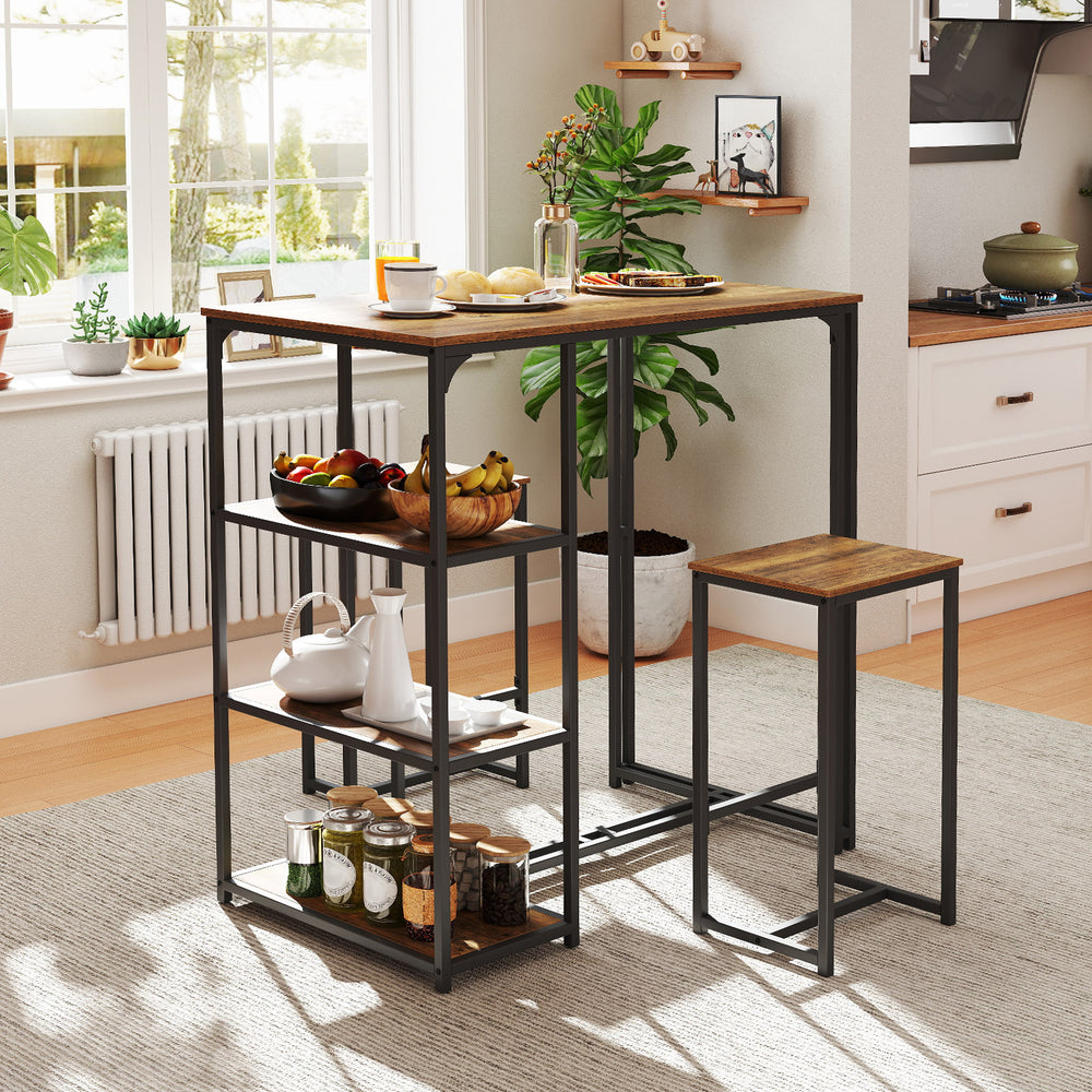 Rustic brown 3-piece bar table set with 2 stools and 3 storage shelves, perfect for small dining areas.