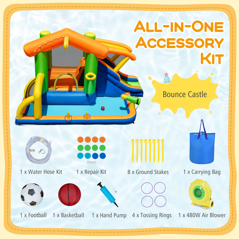 Inflatable bounce house water park with slide, climbing wall, and 480W blower, ideal for wet and dry play.