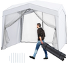 Pop up canopy tent with 4 sidewalls and mesh netting, portable wheeled bag for outdoor events and protection.