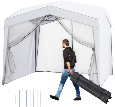 Costway Pop-Up Canopy Tent w/ 4 Sidewalls Mesh Netting Wheeled Bag 861472359 New
