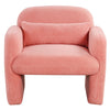 Modern accent chair in soft pink sherpa upholstery with ergonomic armrests, perfect for living rooms or offices.